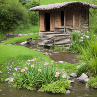 a small hut on side of the river. a flower plants in front of the hut, grass on land near the hut, river water flowing from side, a small garden in front of the hut, a boy watching the river from the hut
