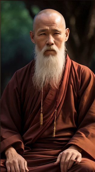White beard?Arafard man sitting in a chair in a red robe, portrait of monk, ancient japanese monk, Taoist, monk meditate, buddhist monk, monk clothes, 2 1 st century monk, ukrainian monk, Taoist, holy man looking at ground, Taoism, peaceful expression, monk, full body picture of a male monk