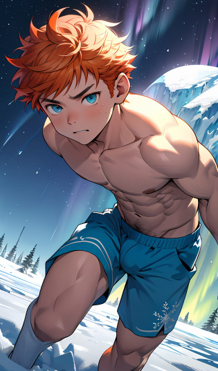 (masterpiece, best quality),1boy,nakeness,(younge boy,Kid's face,Juvenile faces),a baby face,Delicate big eyes,Keep your eyes open,Smooth and delicate skin,(Lewdness),infancy,sideface,snowfield,Large ice cubes,Blue-violet aurora,Lewd expression,,infancy,Young age,Huge blue-white ice cubes,Short round face,Flat chin,Fine face in detail,Colored briefs,musculous,Short bright orange hair,Sky blue eyes,opens his eyes wide,??,full bodyesbian,nakeness,Lewdness,Teal briefs,Pectoralis abdominal muscles,Blue-violet aurora,the night,Blue-violet aurora,vivd colour,(depth of fields:1.2),(abs),looking at viewert,A top-down perspective,snowfield,Arms drooping,Falling snowflakes,There are a lot of diamond-shaped ice cubes on the ground,cold temperature,A top-down perspective