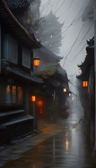 there is a street, rain, dreamy chinese town, misty alleyway, misty alleyways, by Yang J, andreas rocha style, fantasy atmospheric lighting, by Han Gan, by Qu Leilei, by Zou Zhe, by Leng Mei, by Li Zai, by Ruan Jia, chinese village, by Fan Qi