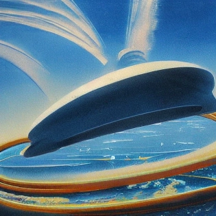futuristic atlantis with wispy clouds in a blue sky, by howard roak