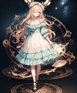 best quality, (extremely detailed:1.2), masterpiece, finely detail, extremely detailed wallpaper, (high resolution:1.2), (extremely detailed CG unity 8k wallpaper), (illustrations:1.3), (medium full shot), (full body:1.3),
\[(solo), (1 girl), standing in the middle of the huge (Magic circle:1.2), Blonde hair, long hair, Straight hair, (hair over one eye:1.3), blue eyes, clean eyes, beatiful eyes, clean face, beatiful face, Floral headdress, light blue revealing dress, Crystal necklace, expressionless\],
(In the universe:1.2), sacred, Starry sky,