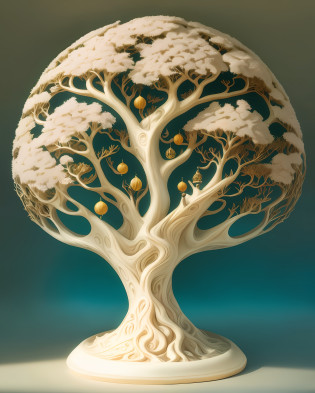 Close-up of a tree sculpture with a ball in the middle, tree of life inside the ball, dan mcpharlin : : opulent, Fantasy Tree, golden sacred tree, Tree of Life, inspired by Vladimir Kush, Thomas Villatte is intricate, The Tree of Life, Intricate sculptures, World Tree, author?Vladimir Kush, fantasy. Intricate, Obras de arte intrincadas