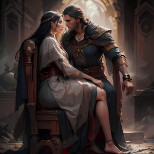 vivid lighting, Side view of a huge ruined room, There is a battle going on, Destroyed platform, war, Duo of a woman and a man, side-view, Hi-Def, ultradetail, European facial features, realeme fentezi, Pattern, portraite of a, side glance: woman's, 36yo, dark brown long hair, dark eyes, Frowning, A fighting look into the distance, dressed in an old shabby gray cloak,Beautiful handkerchief, wrapped around her head, Hands raised up, Clarity: 8 months, scenery: side view Huge throne room with large windows, A 36-year-old woman in an old raincoat stands near a throne, Ao fundo, Near the throne, A man hugs a woman by the shoulders, Rear side view: A man hugs a woman by the shoulders, Standing behind the throne of steam (((male)), fashion photography, (Full portrait), (half), ??, Detailed background, Detailed Face, (stonepunkAI, Stone theme:1.1), wise, (beautiful hair, braid: 0.2), shaman, The partition is harsh, mysterious, (Gorgeous face), Stunning, The head is tilted upwards, (calm expression on his face), Calm, Intimate Interaction. detailed clothes, realistic skin texture, Clear Focus, voluminous lighting, Good moments, Good shadows, sub-surface Scattering, Complex, Highly detailed, ((film)), dramatic, (Highest Quality, Award-winning, Masterpiece: 1.5), (Realism)
    Standing next to them are two men with long hair, wlop and andrei riabovitchev, tuomas korpi and wlop, Darius Zawadzki and Tom Bagshaw, Donato Giancola and Tom Bagshaw, James Gurney and Andreas Rocha, rob rey and kentar� miura, andreas rocha and john howe