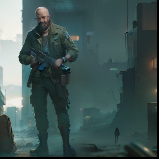 Bald man with gun?disco elysium character, disco elysium concept art, cyberpunk homeless, keanu reevez in disco elysium, Elysium Disco video game, Disco Bliss artwork, in a post-apocalyptic wasteland, Elysium Disco Art, eerie nostalgic concept art, disco elysium
