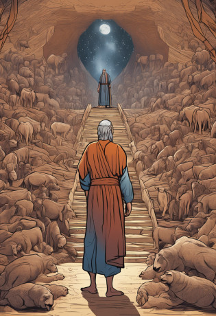 Create a visual representation of Noah, a man of advanced age with a wise and dignified appearance. He's wearing simple clothes, typical of ancient times, like a long tunic and a robe tied at the waist. Noah is standing next to the imposing ark, which is large enough to house many animals. He's looking up at the sky, with an expression of confidence and determination on his face. Around Noah, incluindo uma variedade de animais em pares, symbolizing the mission to preserve creation during the flood.