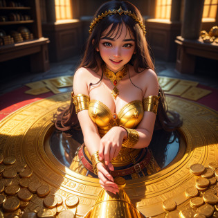 masterpiece, best quality, extremely detailed, detailed intricate illustration, 1girl, looking at viewer, laughing, (lying on a pile of gold coins), cellar filled with many gold coins, (large mound of gold coins), fantasy castle, indoors, glowing, shiny, fantasy, RPG, exciting, rich, sparkle, light beams, underground, beautiful detailed eyes, detailed skin, imagination, realism, figurative, representational, beauty, composition, scale, foreground, middle ground, background, perspective, light, color, texture, detail