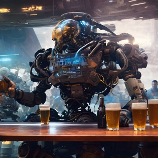 fking_scifi_v2 scifi people drinking alcohol in bar surrounded by sci fi robotic cyborg with intricate mechancial and sci-fi details, insane level of details, hyper realistic, cinematic, composition, by Federico Pelat and Jan Urschel, artstation HQ