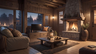 Rustic living room, add_detail at night with fireplace and a TV on the wall, a sofa and transparent glass windows