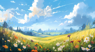 um campo com flores e nuvens ao fundo, paisagem campestre anime, uma bela paisagem, Arte de fundo, arte de fundo do anime, Campo exuberante, paisagem ensolarada, Fundo bonito da paisagem, fundo da paisagem, paisagem brilhante, arte de fundo, paisagem arejada, bela paisagem, papel de parede de paisagem, fantastic landscape, scenery artwork, beautiful summer scenery, landscape illustration, paisagem da natureza, papel de parede de paisagem anime, super detalhado, HD