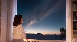 Create an image of a young girl named Mia, standing at her bedroom window, gazing up at the night sky filled with bright stars. The room should be cozy and inviting, with a sense of wonder in the air. Mia's eyes should be wide with awe as she watches a shooting star leave a trail of stardust.