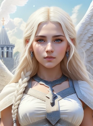 8k portrait of the most majestic pagan angel in the world, ((extreme close up:1. 5)), ((full body pinup:1. 3)), ((eye focus)), (8k, RAW photo, best quality, masterpiece:1. 2), (realistic:1. 3), (photorealistic:1. 3), ultra-detailed, (high detailed skin:1. 2), 8k uhd, dslr, soft lighting, high quality, film grain, Fujifilm XT3, best quality, beautiful lighting, extremely detailed, hyper detailed, (((action scene))), slavic pagan angel descending from the sky in front of a gigantic wooden temple, ((angelic floating)), ((flying)), ((descending from sky)), ((roman sword)), ((neo classicism digital painting)), ((tanned skin:1. 2)), (ancient jewelry), ((Feathery angel wings on back)), ((falling feathers)), ((greek sandals)), ((angelic white pagan dress)), cleavage, red and blue dress ornaments, ((slavic mythology)), ((Ukrainian cloth patterns)), ((white cloth:1. 3)), (blush), (platinum blonde hair:1. 3), ((long hair)), (braided hair), ((brown eyes)), ((detailed symmetrical face)), (pretty face), reflective eyes, (proportional eyes), same eye color for both eyes, (warm smile), (toned), ((rim lighting)), dramatic lighting, chiaroscuro, ((thighs:1. 2)), (legs:1. 2), realistic skin, ((slavic type of face)), ((massive pagan temple)), (cyclopean architecture), (Ukrainian forest), ((godrays)), (lens flare), (volumetric lighting), blue sky, white clouds, ((from below:1. 3)), professional majestic impressionism oil painting by Waterhouse, John Constable, Ed Blinkey, Atey Ghailan, by Jeremy Mann, Greg Manchess, Antonio Moro, trending on ArtStation, trending on CGSociety, Intricate, High Detail, dramatic, trending on artstation, trending on CGsociety,