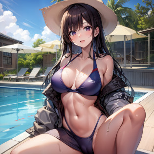 Nanasaki?suntanned?Competitive swimsuit?pools?evening?Cowgirl?Brustwarzen?Crotch opening?
