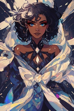 <lora:Dark_Fantasy-10:1> Dark Fantasy, (masterpiece, best quality, ultra-detailed, highres, best illustration), perfect face, ((solo, solo focus)), sidelighting, lustrous skin, (bloom), (shine), ray tracing, 1girl, dark skin, dark-skinned female, solo, jewelry, very dark skin, earrings, mole, blue background, smile, looking at viewer, mole under mouth, black hair, blue eyes, curly hair, afro, bare shoulders, makeup, eyeshadow, parted lips, star \(symbol\), watermark, hoop earrings, depth_of_field, city background, very detailed background, extreme light and shadow, (detailed eyes), (beautiful) beautiful detailed eyes, perfect lighting , perfect anatomy, (extremely detailed illustrated 8k wallpaper), (masterpiece), (best quality), (ultra-detailed), (best illustration), (best shadow), vivid colors,
