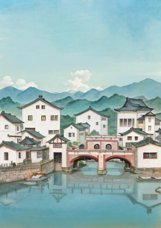 A caricature of a small town?There is a bridge over the river, dreamy Chinese towns, Chinese village, chinese watercolor style, old asian village, town background, japanese town, quaint village, Chinese painting style, fishing town, ancient city landscape, zhouzhuang ancient town, Japanese village,