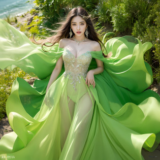 Alafed woman in thin light green dress standing on the beach, Flowing gown, fantasy long intricate gown, A flowing dress, ethereal beauty, sexy gown, dressed beautiful gown, jaw-dropping beauty, Flowing light green dress, full pose, Beautiful Gowns, jen zee, jaw dropping beauty, wearing flowing dress, stunning elegant, Full length view, Light green gown, translucent  dress