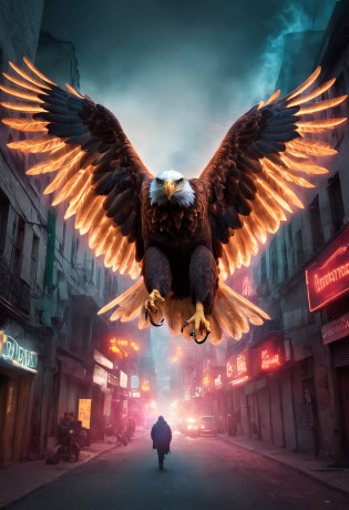 description: The album cover depicts a dynamic and captivating scene that perfectly captures the essence of trap music. Background Story: The background is a smoky, Urban environment with a hint of mystery and emotion. The smoke spins and dances in the air, creating a sense of movement and energy. The cityscape is illuminated by neon lights, throwing a vibrant variety of colors into the scene. Cinematic lights paint the surroundings in shades of electric blue, vermelho ardente, e roxo profundo, adding a dramatic twist to the atmosphere. centerpiece: Dominating the roof is a majestic eagle in mid-flight, suas asas estendidas e poderosas. The eagle is the symbol of freedom and strength, that resonates with the energy of trap music. Suas penas brilham com um brilho iridescente, reflecting the dynamic lights of the surroundings. The eagle's eyes are intense and focused, capture the viewer's attention with an almost hypnotic fascination. compositing: The eagle is positioned in such a way that it appears to be descending from the top of the canopy toward the center. Perspective adds depth and movement to the scene, Making it look like the eagle is coming down from above. The contrast between the fierce presence of the eagle and the smoky, Atmospheric background creates a captivating visual tension. Tipografia: The album title, 