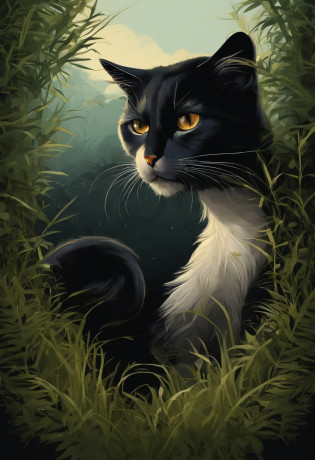 /Imaginez Prompt: Illustration de chat pour un autocollant avec un fond noir, dans un style de contour en gras, serrated edges, Trash core, ombrage clair --v 5.2