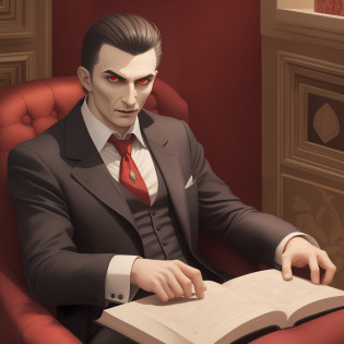 Modern Dracula sitting in a comfortable chair, tomando um vinho e lendo um livro, HDR, realista, Sombra realista, Contraste suave, best ilumination, fundo sala de um castelo sombrio, roupas sociais, red demonic eyes, normal hands, pale face, pale skinned, copo de vinho normal