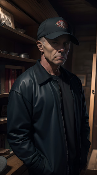 Dark environment, Best quality, masterpiece, Ed Gein, 50 years old middle-aged male, carpentry attire, front, upper body, baseball cap, iron hammer, 4k, surrealism