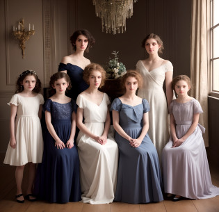 arafed image of a group of women in dresses posing for a picture, inspired by Thomas Lawrence, hammersh�i, haute couture fashion shoot, inspired by Thomas Stothard, mary jane ansell, inspired by William-Adolphe Bouguereau, refined editorial photograph, josh grover, group portraits, editorial image, by Alison Debenham, editorial photo
