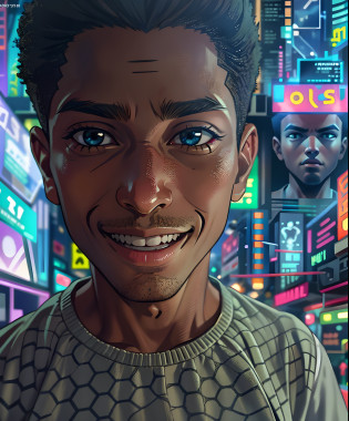 Menino adolescente negro em um mundo cyberpunk