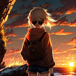 anime visual of a cute girl looking out at a sunset across the ocean| standing on edge of cliff