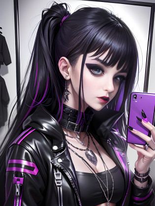 araffe girl with black hair taking a selfie in a mirror, goth girl aesthetic, goth aesthetic, cybergoth, goth girl, cyber punk setting, darkwave goth aesthetic, mall goth, 20 - year - old goth girl, goth vibe, pastel goth aesthetic, goth punk clothes, goth style, all black cyberpunk clothes, neo goth, outfit photo, gothcore,face detailed,hands detailed, masterpiece,face detailed,phone detailed,fingers detailed,body detailed, beautiful eyes,eyes detailed,