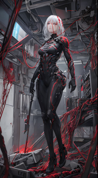 Full body like?1?????Ex Machina?photore?sensual female?Splashed hair???hyper realistic detailed???detailed face with?globalillumination?shadowing?rendering by octane?8K?Super sharp?metals????Decorations detailed?cool colours?egypician detail?highly intricate detail?realistic raytraicing?trend in CGSociety?glowing light eyes?facing at the camera?neon light detail?Mechanical limbs?blood vessels attached to the tube?Mechanical submeter mounted on the neck?wires and cables connecting to head?Blood?Killing machines?combat state????tmasterpiece????Full body like? ??best qualtiy??? ?super detailing?? ?CG illustration?? ?Very evil and beautiful??? cinematric light? ??1 mechanical girl??? slips? ?Mechanical art? 1.4?? ??Mechanical limb??? ?Blood vessel attached to tube?? ??The mechanical spine is attached to the back??? ??The mechanical cervical vertebrae are attached to the neck?? ?facing away from the audience??? face expressionless? ? wires and cables attached to head and body? 1.5?? scientific fiction? apocalytic? ??? ?lower body integrated with mechanical devices?? ?bloods? 1.5?? brutality? hoang lap? ? fusion with machines? Doomsday time? Super Future? inorganic? Lab Room? restraind? ?Beautiful indulgence? 1.2?? ?1 rapariga? 1.3??Bursting blood vessels?blood splattere? body wrapped around mechanical tentacles?The steel pipe is forked out of the mouth?combat state?falling from sky?The action of landing?Wield a dagger?Killing machines?