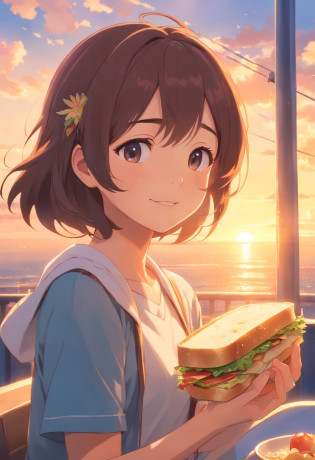 ?masterpiece?top-quality?Movie stills?1girl in?I have my mouth wide open?Eating a sandwich with one hand?Cloud Girl?floating in sky?a closeup????Happiness?Warm and soft lighting?the setting sun?(Spark:0.7)