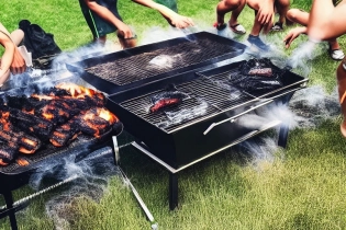 (best quality| masterpiece)| ((multiple others))| ((charcoal grill on fire)) in backyard| burning and burnt food| green grass| BBQ| people running around| confused| yelling| (pointing at another)| chaos AND confusion| summer party| grilling