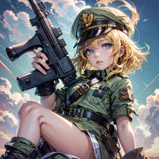 4k, high image quality, very detailed, 8k, blonde, girl, little girl, blue eyes, tanya, military uniform, military cap, curly hair, blonde short bob, fluffy hair, white skin, loli, gun, holding a gun, angle from below, full body, floating in the sky, blue sky, short back, cute, glaring, glaring, jito eyes, --auto --s2