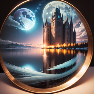 Computer Visualized Graphics, Realistic Fantasy, Extensive Landscape Ultrasound Photography (general view showing white and pink orchid, dew, ice,), full moon, night sky, blurred background, warm, yellow, purple background, pink, warm, magic, 