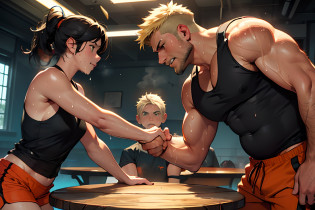?masterpiece,top-quality,Fat big uncle arm wrestling with blonde petite girl,arm wrestling,Face,From Side,Dark clubhouse,Arm wrestling on a round table,elbows on the table,(Black-haired uncle,muscular guy,Man with a big belly,Man with relaxed expression),Girl fighting in arm wrestling with fat uncle,(cute petit girl,Green eyes,small tits,Navel Ejection?Black tank top shirt?Girl in orange shorts,Girl with a troubled expression),Red face,(Sweating:1.5),indirect lighting,Steaming