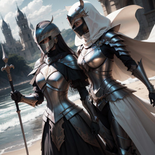 Mulheres como Joana D'Arc?Cavaleiros, Armadura dourada?armadura de ouro?Com uma espada e um escudo?Estilo Real?comi? style, , Espalhamento subsuperficial, detalhe ornamentado, Nature scenery, hyper-realistic, cinemactic, dramatic lighting, masutepiece?Armadura com motivo de lobo?orelhas de lobo?