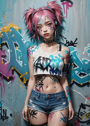 masterpiece, best quality, 1girl, solo, crop top, denim shorts, choker, (graffiti:1.5), paint splatter, arms behind back, against wall, looking at viewer, armband, thigh strap, paint on body, head tilt, bored, multicolored hair, aqua eyes, headset