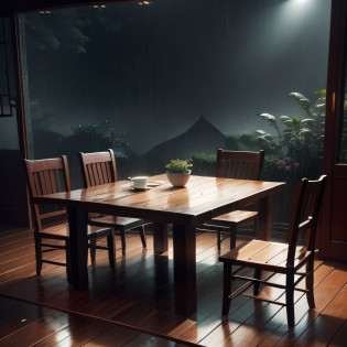 there is a small wooden house with a table and chairs in the rain, rainy day outside, magical environment, quiet and serene atmosphere, in a rainy environment, rainy outside, rainy afternoon, inside on a rainy day, rainy scene, by Raymond Han, rainy atmosphere, rainy environment, rainy mood, rainy and gloomy atmosphere, rainy evening, atmospheric fantasy setting