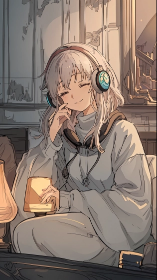 (extremely detailed CG unity 8k wallpaper, masterpiece, best quality, ultra-detailed), (calming and relaxing atmosphere), (cozy modern room), ((lofi-girl), (impressing cute headphone)), happy expression, blissful, peaceful, serene ambiance.