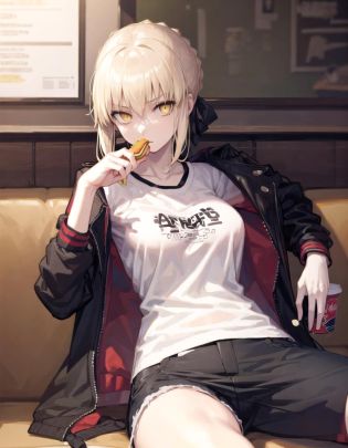 masterpiece, best quality, 1girl,artoria pendragon \(alter) \(fate\), (pale skin),  sitting, blonde hair, hair ribbon, yellow eyes,sabaltrnd,t- shirt,jacket, shorts,  restaurant, burger, french fries,