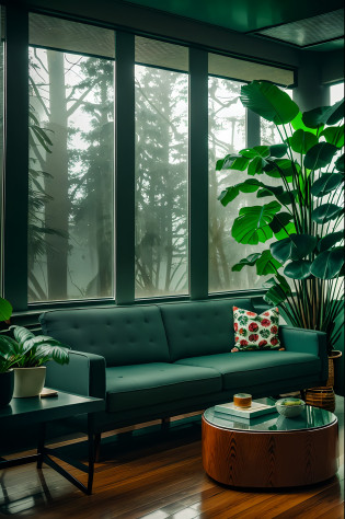 midcentury modern living room dimly lit with dark rainy evening outside, (foggy rainy evening:1.2), pacific northwest, (dim lighting:1.4), (moody lighting:1.2), plants, large plants, rainy, monstera, many plants, (foggy windows:1.2), masterpiece, best quality, twilight hour, (nighttime:1.4), rainy evening, after sunset,