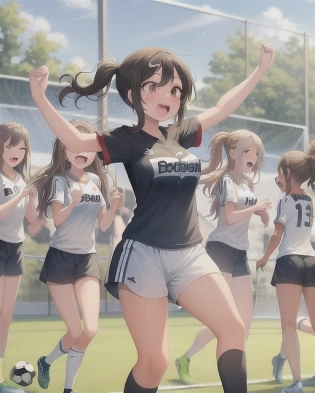 Painting of girl soccer players making the game winning goal to win the championship and celebrating