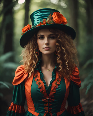arafed woman in a green and orange dress and hat, female mad hatter, beautiful witch, fairy tale witch, portrait of a young witch, beautiful witch woman, portrait of a witch, classic witch, portrait of a forest wizard, witch in the forest, beautiful witch scary woman, fantasy genre portrait, wearing green top hat, witch woman, fantasy character photo,  (Hair in high definition), (body in high definition)