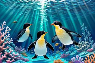 Swimming from right to left in figure, full body photo, small child penguin, two-headed body, underwater, sea, digital painting, round eyes, arms open, swimming, shot from the top of the penguin's back, face facing the direction of swimming, soft light, (coral swimming tropical fish), analytical art, detailed painting, bioluminescence, iridescent, octane,