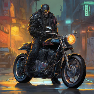 1 highly reflective Chrome skull headed male cyberpunk motorcycle gang member with LED lit cybernetic prosthetic arms housing retractable hidden weaponry and glowing white eyes, all black leather and motorcycle vest with embroidered skull motorcycle patch emblem embossed on back, ( Character Sheet, forehead, back, side, rear), Full Shot full body portrait character design schematic shot, highly reflective Chrome skull headed cyberpunk motorcycle gang member with glowing White eyes  with detailed led lit cybernetic arms visually holstering gadgets wearing all black leather and motorcycle vest with embroidered skull motorcycle patch embossed on the back. insanely detailed matte painting with rough strokes and textures, Stephen Gammell, Pino Daheny, Jeremy Mann, Alex Maleev, Carne_Griffiths, 16k resolution, oil on canvas, fine art, super efficient light, crisp focus, graininess, approaching perfection, a million details, Max quality. (masterpiece: 1.2), (best quality: 1.3).