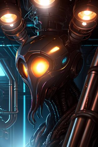 5 0 mm portrait of a wet black metallic chrome mass effect robotic cthulhu lovecraft octopus xenomorph alien in a science fiction steampunk tesla coil engine room, pipes, wires, dramatic lighting, octane, blue lights, lens flare, industrial, dirty, trending on artstation, golden ratio, mist, action, volumetric lighting