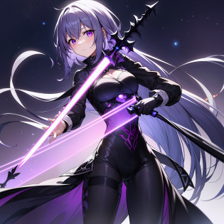 Highest image quality?tmasterpiece?Humanoid mech?breastsout?Reflective black metal housing?Some parts are dark purple composites?Decent inlaid with a large number of small purple lamps?The eyes are a purple strip of light?Holding a purple laser wide sword?The hilt is black reflective metal?The hilt is inlaid with a large number of small purple spherical lamps?The background is the highest quality starry sky