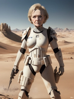 (Betty White dressed as a stormtrooper ), standing in a desert landscape, immersive background, volumetric sand, global illumination, intense lighting, (weathered armor), (battle-scarred), dramatic lighting, (gritty:1. 5), (hyper-realistic:1. 4), (4k, digital art, masterpiece), High detail digital painting, realistic, (top quality), (dynamic shadows), (best concept art), ultra high resolution, highly detailed digital artwork, physically-based rendering, realistic yet stylized, muted colors, f2. 0 lens, gritty palette, unexpected twist.