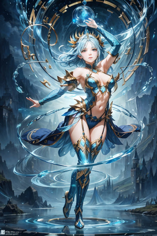 A beautiful witch summons water to cast a water spell,Stand and watch the audience, Various water chains around her,(((Detailed perfect face))),Light smile, Beautiful face, Seductive body,Tall body, Mature body, Breaking the water halo, Water spear, water sphere , Water flowed through her body, Float with the movement of her hands, Blue transparent water splashes shine everywhere, Water phoenixes flying in the background, The pure water on the ground was just enough to cover her feet, Water bending machine, Floating water, Water flows freely in the air,sexy body BREAK,Detailed,Realistic,4k highly detailed digital art,rendering by octane, Bio-luminescence, BREAK 8K resolution concept art, Realism,by Mappa Studios,Masterpiece,Best quality,offcial art,illustration,?????,(Cool_Color),Perfectcomposition,absurderes, fantasy,Focused