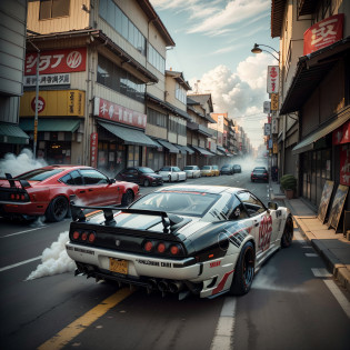 The JDM cars should be (vibrant and sleek:1.2), with (stylized body kits:1.1) and (eye-catching decals:1.2)
The streets of Japan should be (brightly lit:1.1) with (neon signs:1.2) and (colorful banners:1.1) adding to the atmosphere
The tire smoke should be (thick and voluminous:1.2), enveloping the cars in a (hazy cloud:1.1)
The drone shot should capture the (full extent of the drift:1.2), showcasing the (speed and precision:1.2) of the cars
The composition should have a (sense of movement:1.1), with the cars positioned in a way that suggests (dynamic action:1.2) and (controlled chaos:1.2), (masterpiece, high resolution, photo-realistic:1.3), (JDM cars:1.2) drifting on the streets of Japan, creating (thick tire smoke:1.2)
(Masterpiece, best quality, CGI:1.2) depiction of (JDM sports cars:1.1) sliding sideways along the vibrant streets of Japan, leaving (clouds of tire smoke:1.2) in their wake
(Masterpiece, dynamic illustration:1.3) of (JDM vehicles:1.1) elegantly drifting through the streets of Japan, captured from a (dramatic drone shot:1.2), with (tire smoke billowing:1.2) behind them