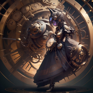 It depicts a clock monster that manipulates time and space?A monster that combines creepiness and beauty?Clock personification?(Mechanical body with a clock motif:1.5)?Female humanoid?Karakuri-ish?Cold?Atrocious?brutality?A large watch is embedded in the chest?A magic circle like a clock?the background is the universe?(Full body:1.6)